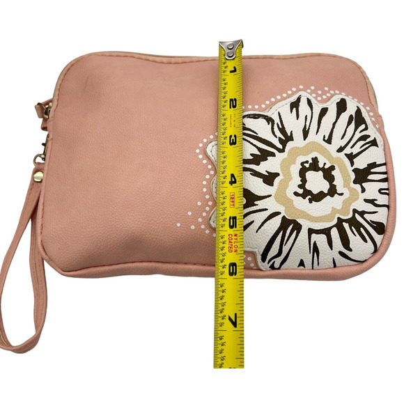 Handbag Crossbody Wristlet Wallet Makeup Bag Pink With Flowers Soft Vinyl - Picture 12 of 12